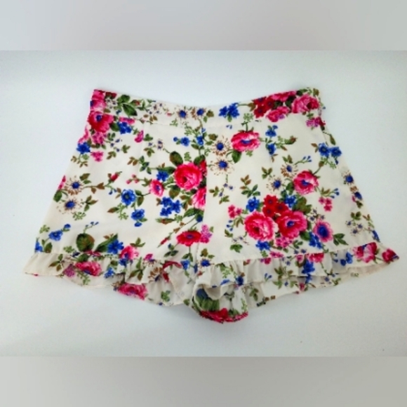 Forever 21 White Floral Ruffle Shorts Pink Blue Flowers L Spring Hidden Zipper - Picture 2 of 9